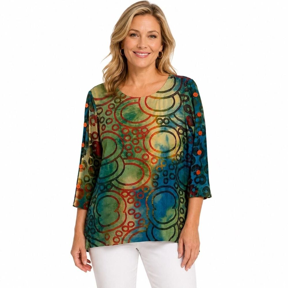 Ali Miles Tunic Blouse Womens Medium Multi Geometric Scoop Neck 3/4 Sleeve Top